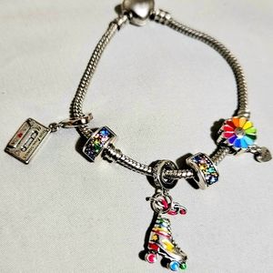 .925 Silver Retro Skate Casette Flower Charms and Snake Chain Bracelet